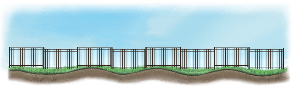 A stepped fence on sloped ground