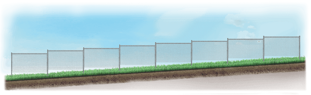 A stepped fence on sloped ground