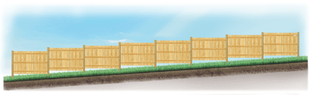 A stepped fence on sloped ground