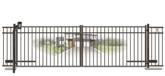Metal swinging estate gate in closed position