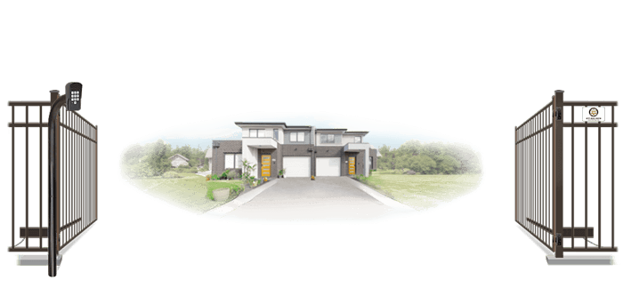 Metal swinging estate gate in open position