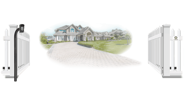 Vinyl swinging estate gate in open position