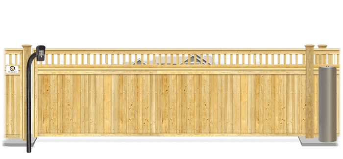 Wood sliding estate gate in closed position