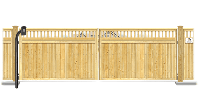 Wood swinging estate gate in closed position