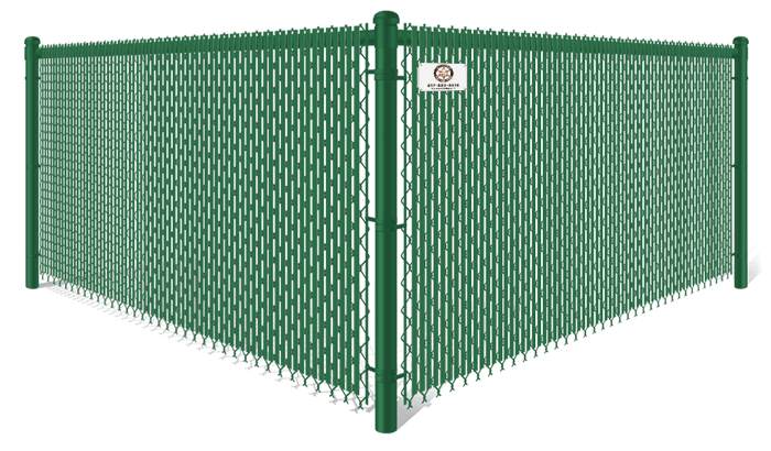 Green commercial chain link fence with green privacy slats in Fort Worth, TX