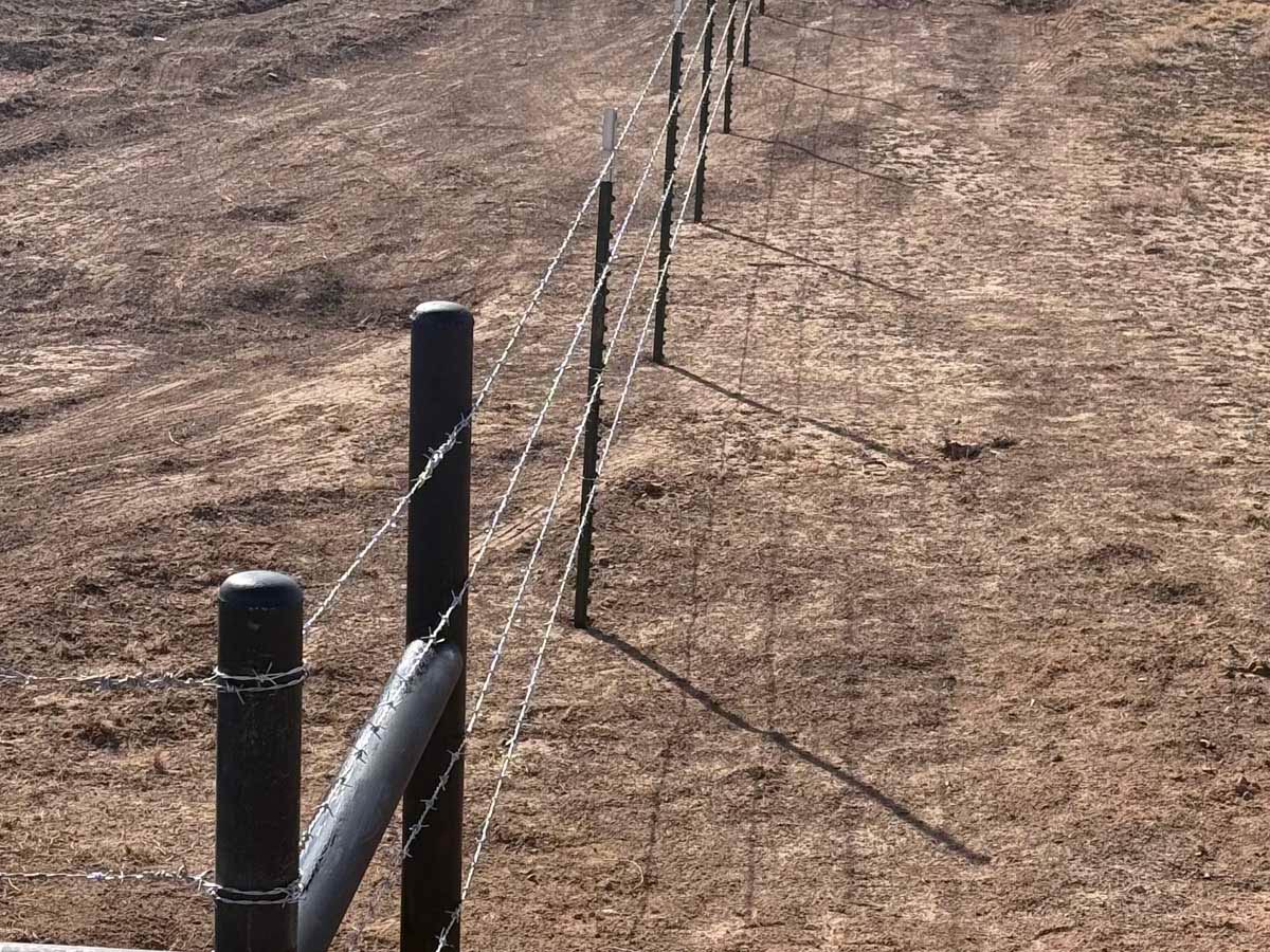 Fence with Close-Up of Barbed Wire Tensioning on Steel Posts – High-Durability Agricultural Fence Line in Fort Worth, TX